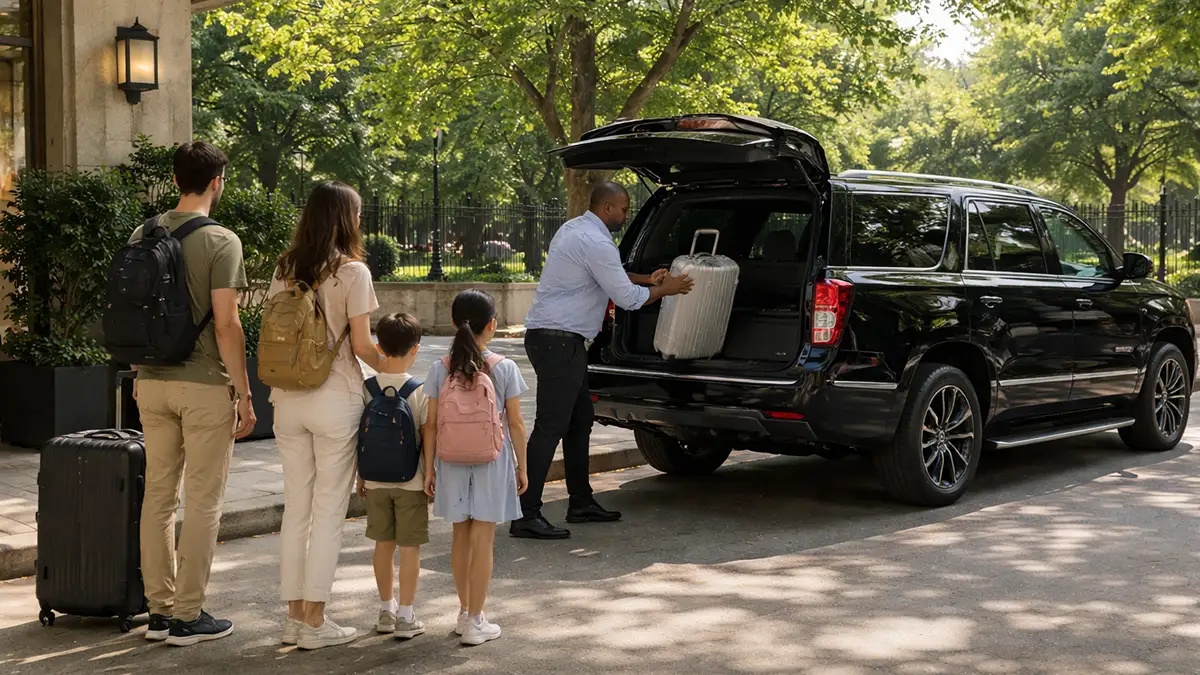 SUV שחור עם נהג טוען מזוודות משפחה ליד שדה התעופה