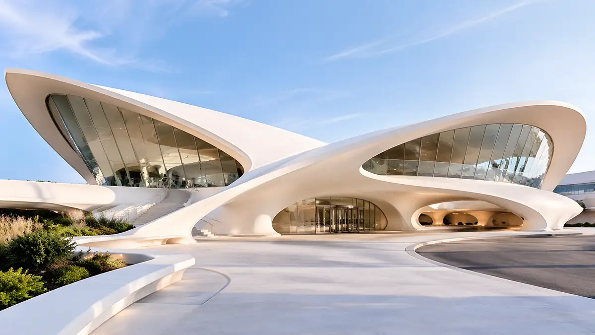 מבנה ה-TWA Hotel בשדה התעופה JFK, ארכיטקטורה מעוגלת לבנה משנות השישים